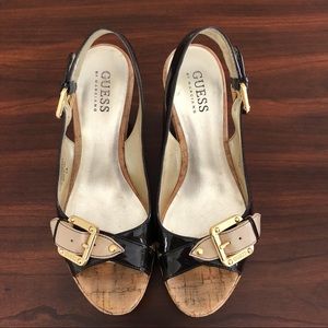 Guess by Marciano Brown and Gold Peeptoe Wedges